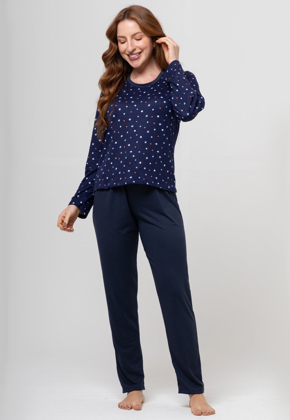 Pijama Suende Aveludado Bravaa Store Longo Malha Confortável Inverno Premium 014 MARINHO