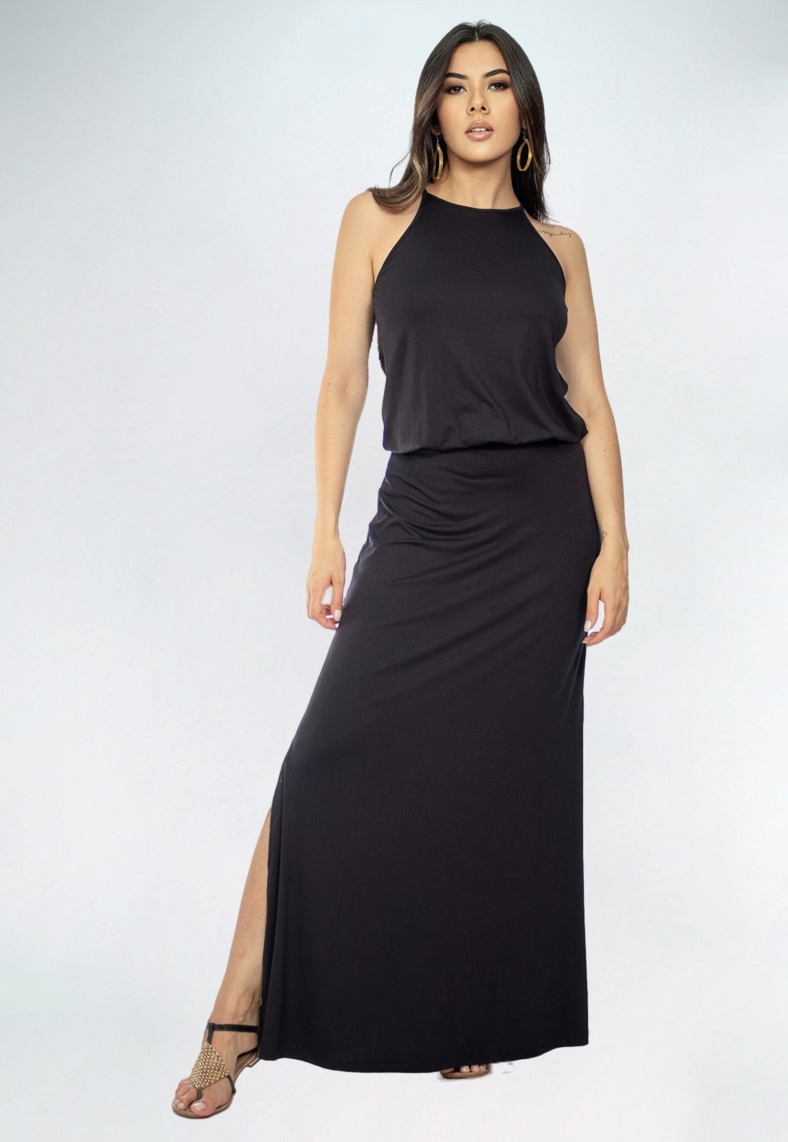 Vestido Longo Amazonia Vital Malha Trapézio com Elástico na Cintura Preto