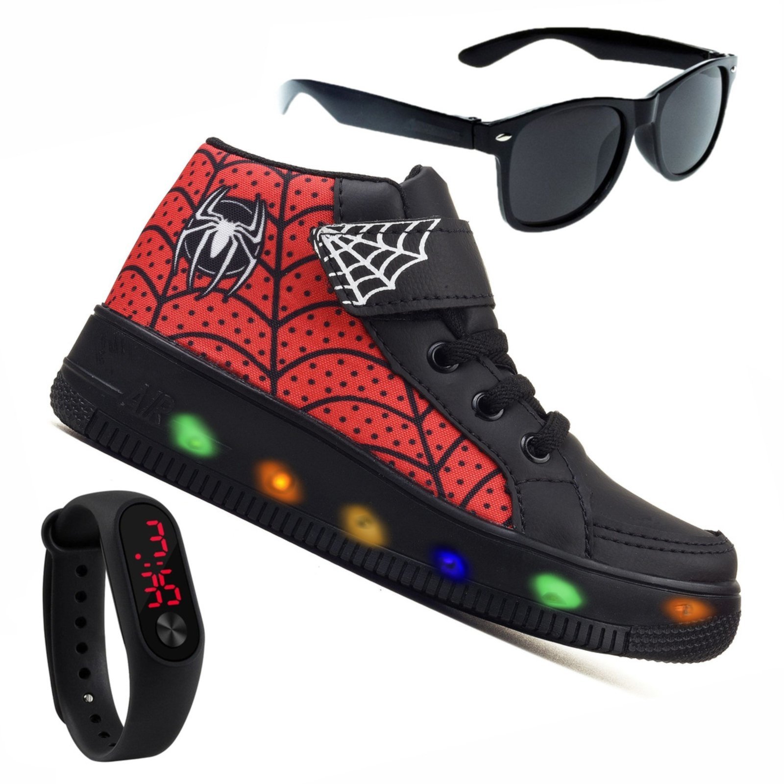 Infantil – Tenis Masculino De Led Botinha Aranha Calce Facil + Oculos + Relogio