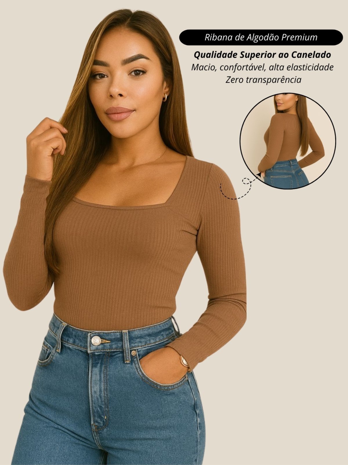 Blusa feminino cacharrel chocolate Garota Urbana Fashion Outono inverno casual diario basico ribana canelado algodão