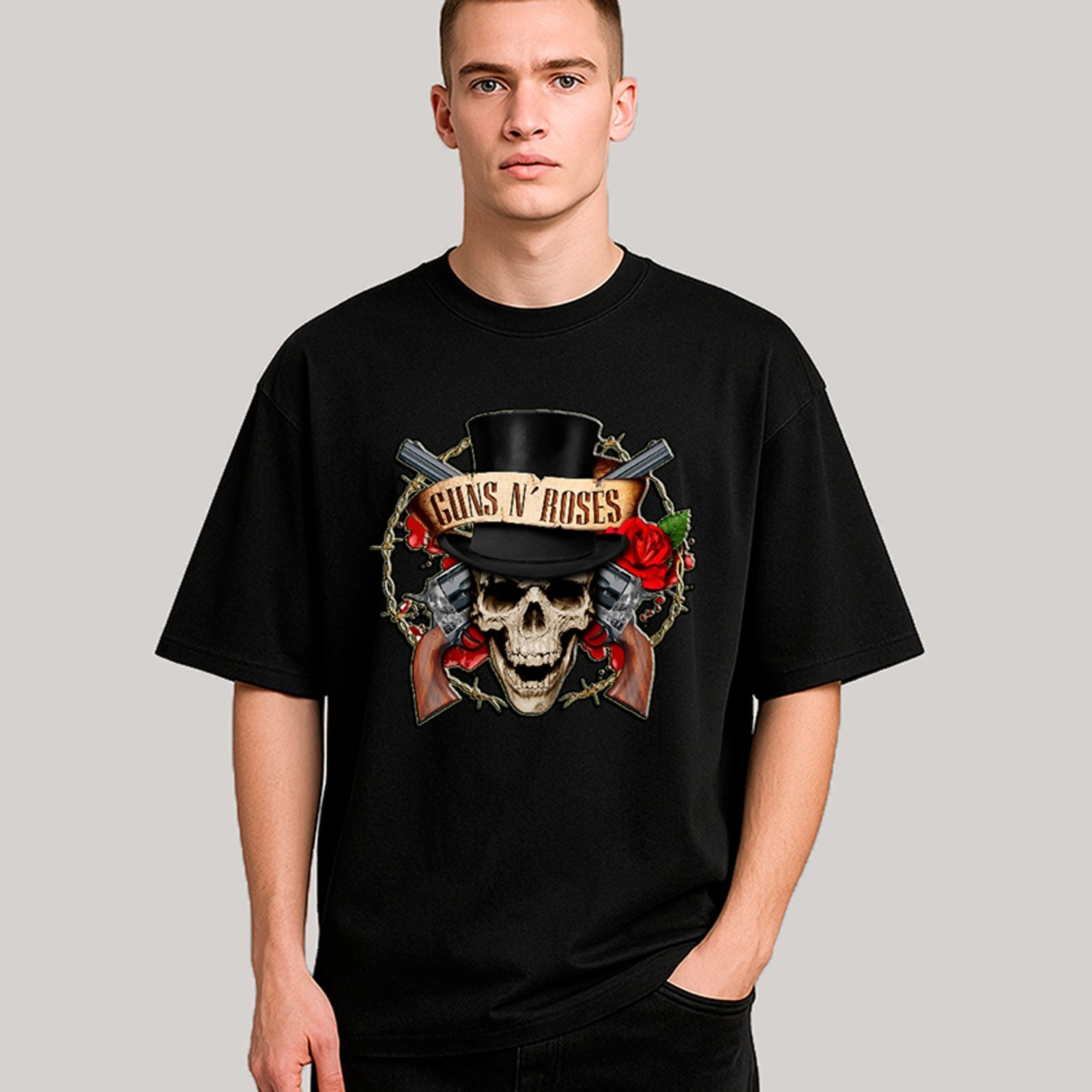 Camiseta Ousy Oversized Guns N Roses Skull Pistols Estilo Street Unissex Preto