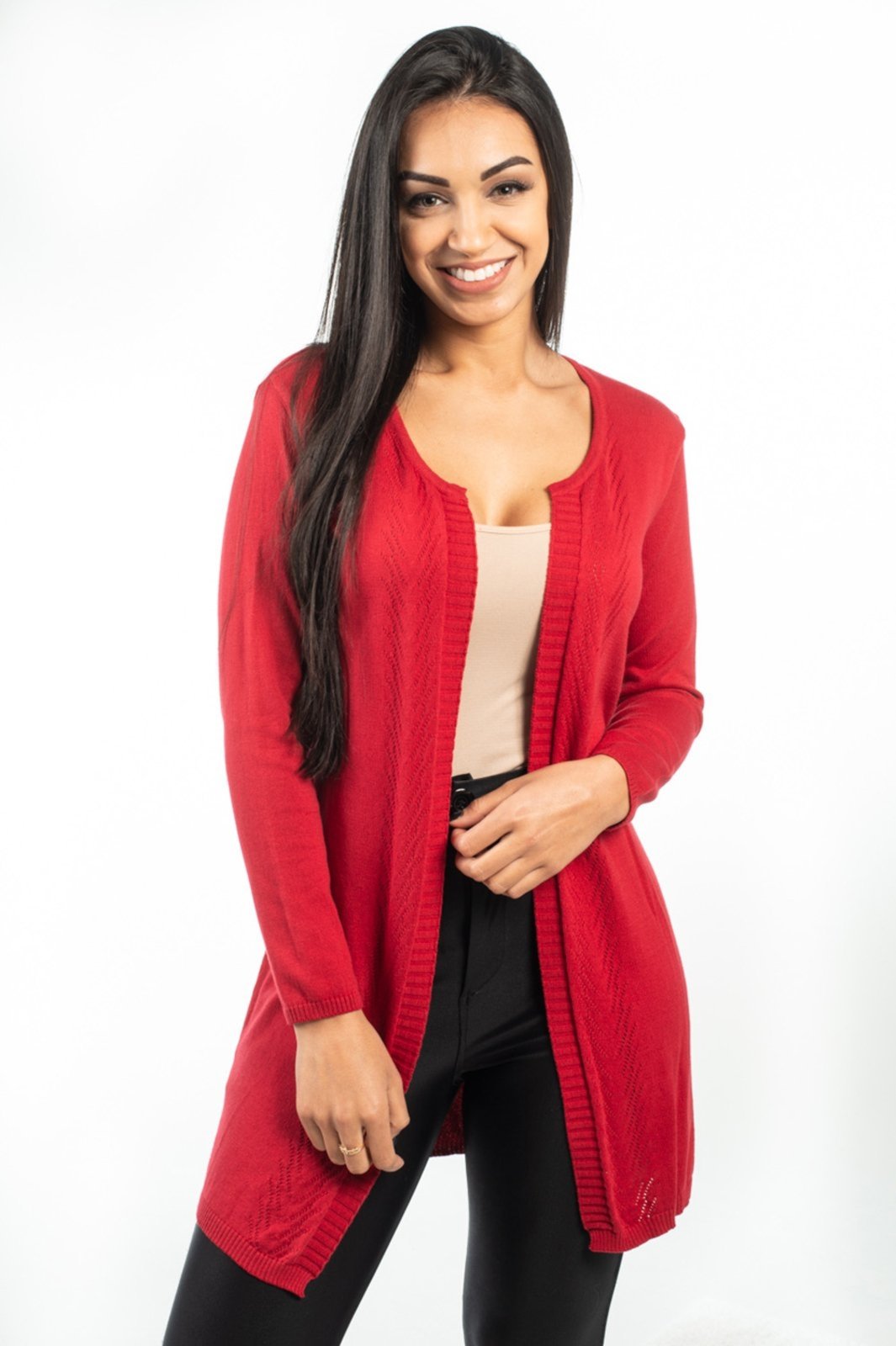 Casaco Tricot Algodão Shirley Malhas Comprido Trança Vermelho