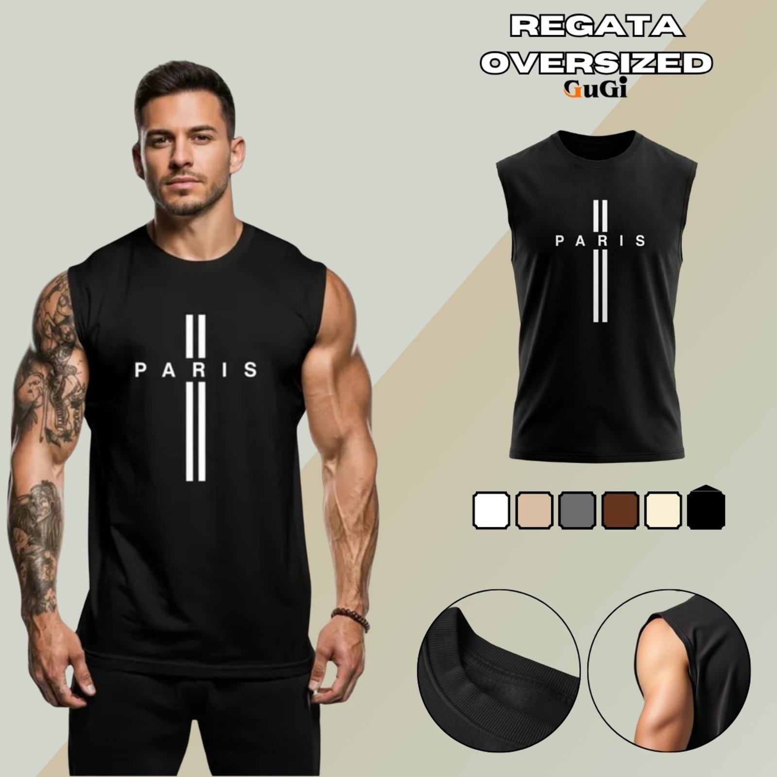 Camiseta Regata Masculina Oversized Estampada Cruz Paris França Preto
