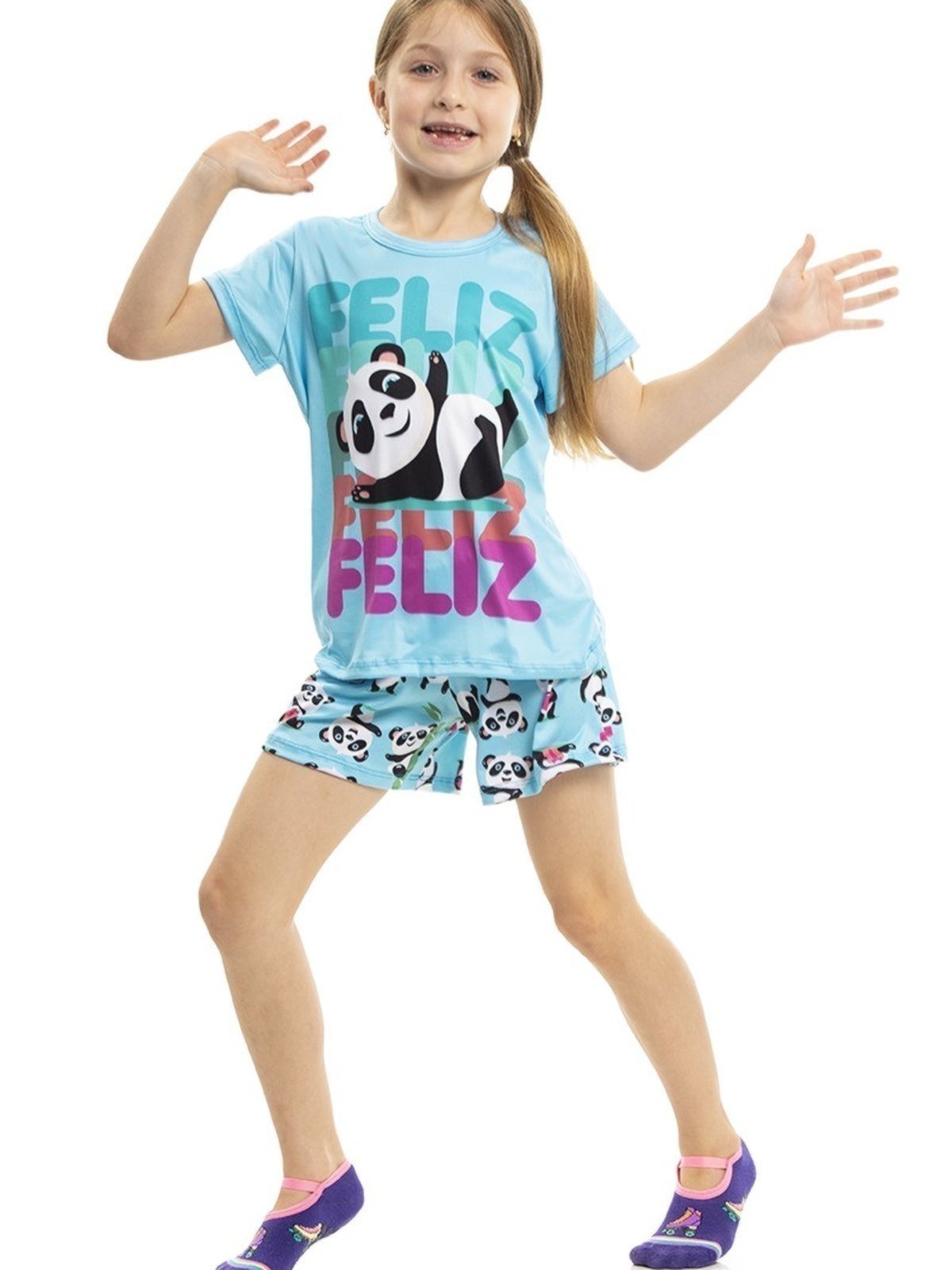 Vista 2 Pijama de Verão Menina Peach Touch Magicamente Panda Feliz Magicamente Kids azul Magicamente Kids azul