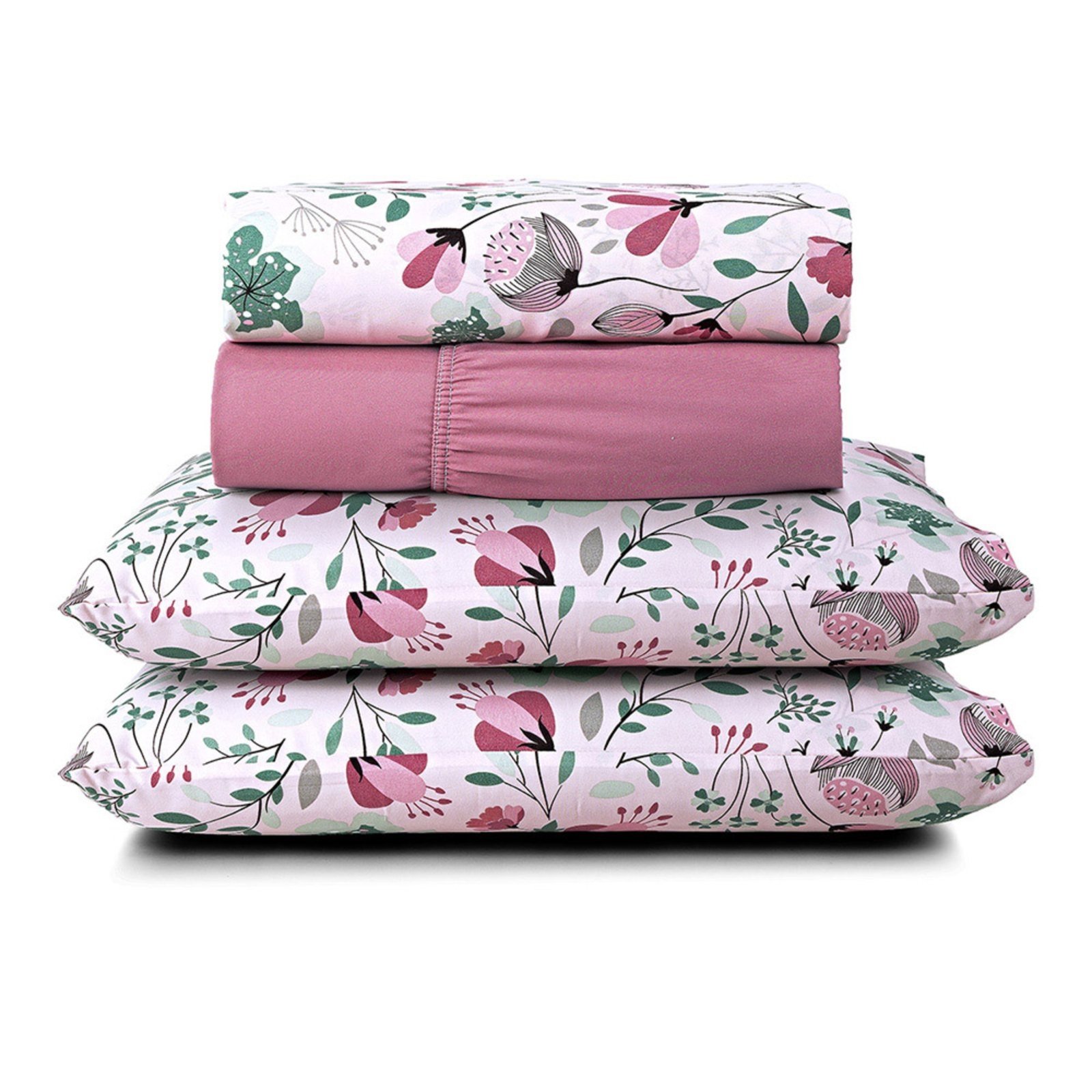 Jogo Cama Lençol Casa Scarpa Celi King Micropercal Estampado 200 Fios 4 Peças Bothanica Floral Rosa