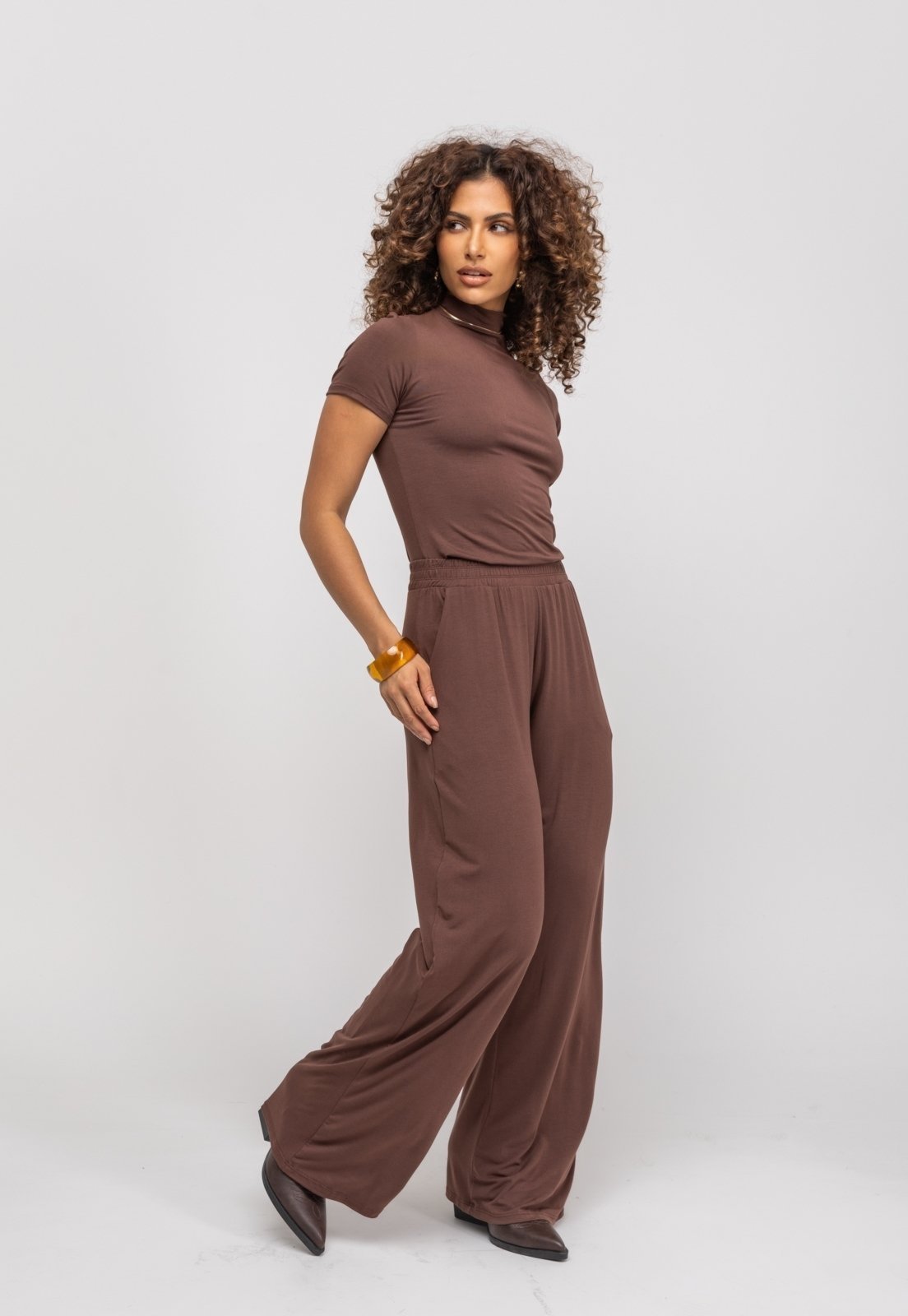 Calça Wide Leg Com Bolso Malha Salvatore Fashion Marrom