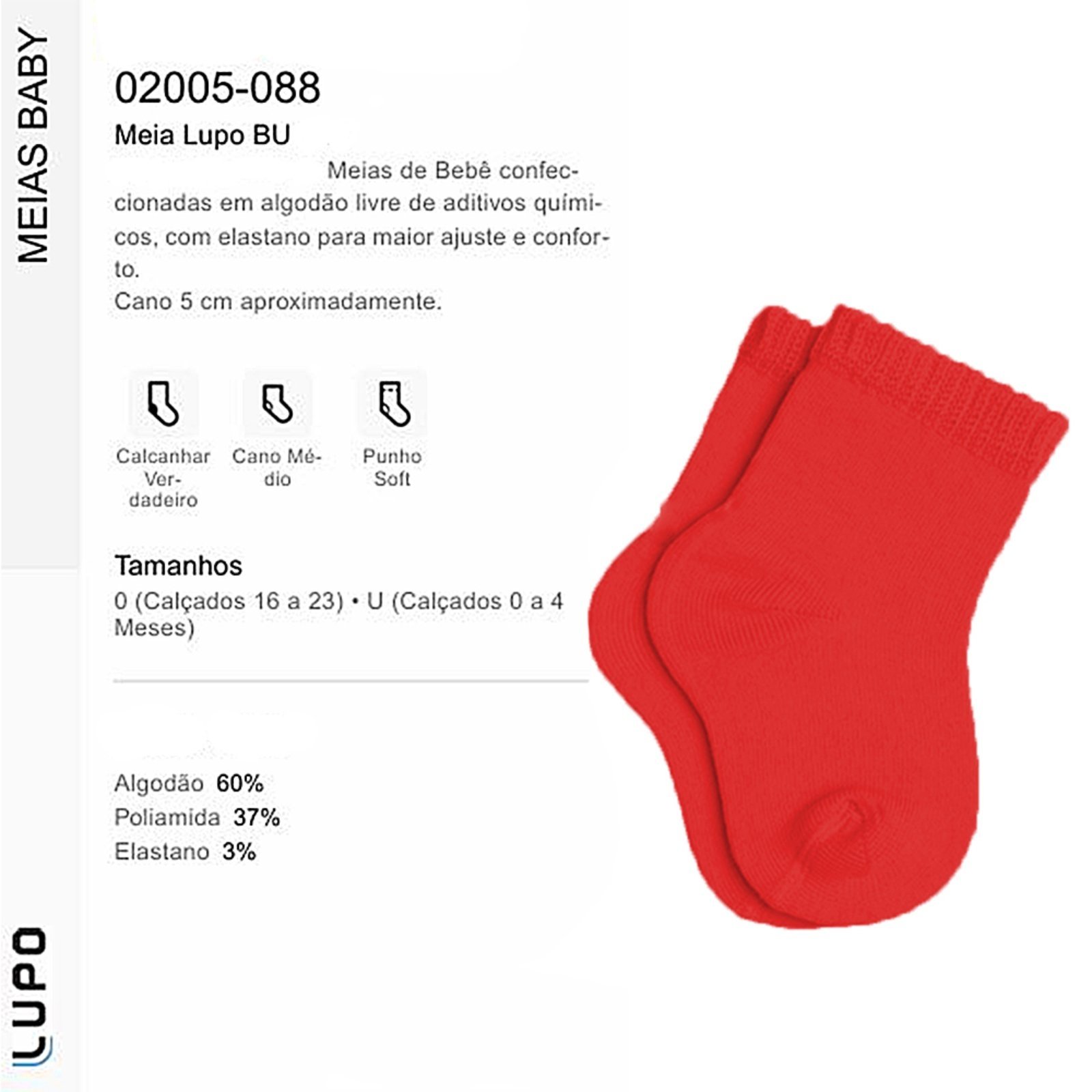 Vista 3 Kit 02 Meia Cano Médio Lupo Punho Soft Baby 02005-088 0906 vermelho Lupo vermelho