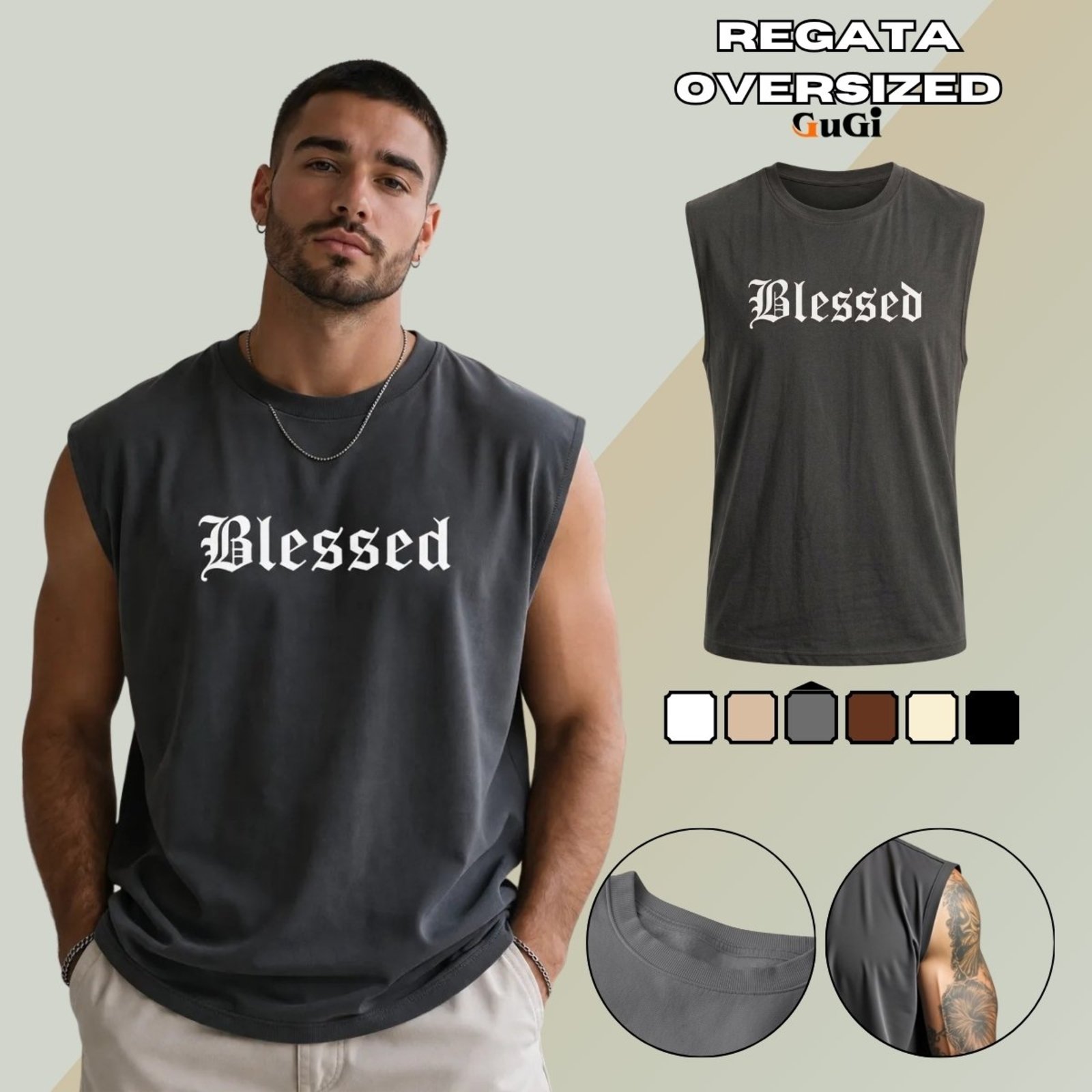 Camiseta Regata Masculina Oversized Estampada Blessed Abençoado 100% Algodão Chumbo