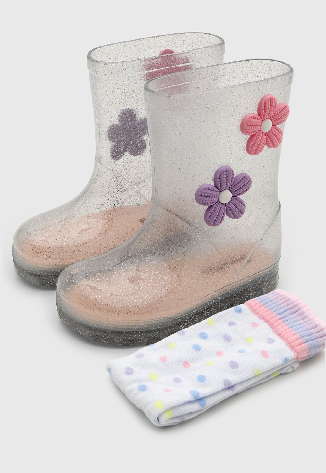 Infantil - Bota Luelua Cano Curto Transparente com Flores Rosa