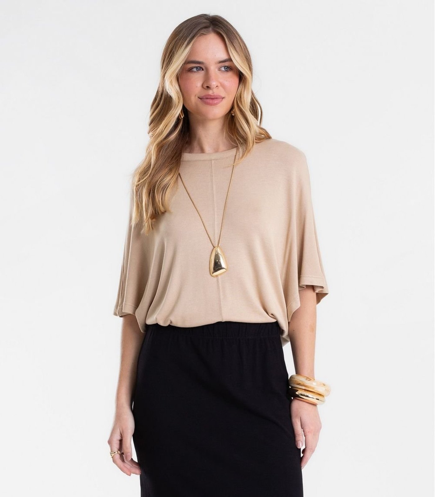 Blusa Feminina Ampla Viscotricot E Ribana Endless Bege