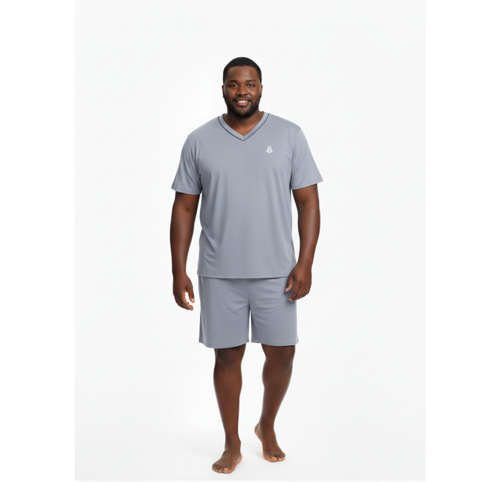 Pijama Masculino Plus Size Adulto Curto Verão Malha Fria Calor Manga Curta G1 G2 G3 G4 48 50 52 54 Conforto Gola V Homen Mechler Cinza