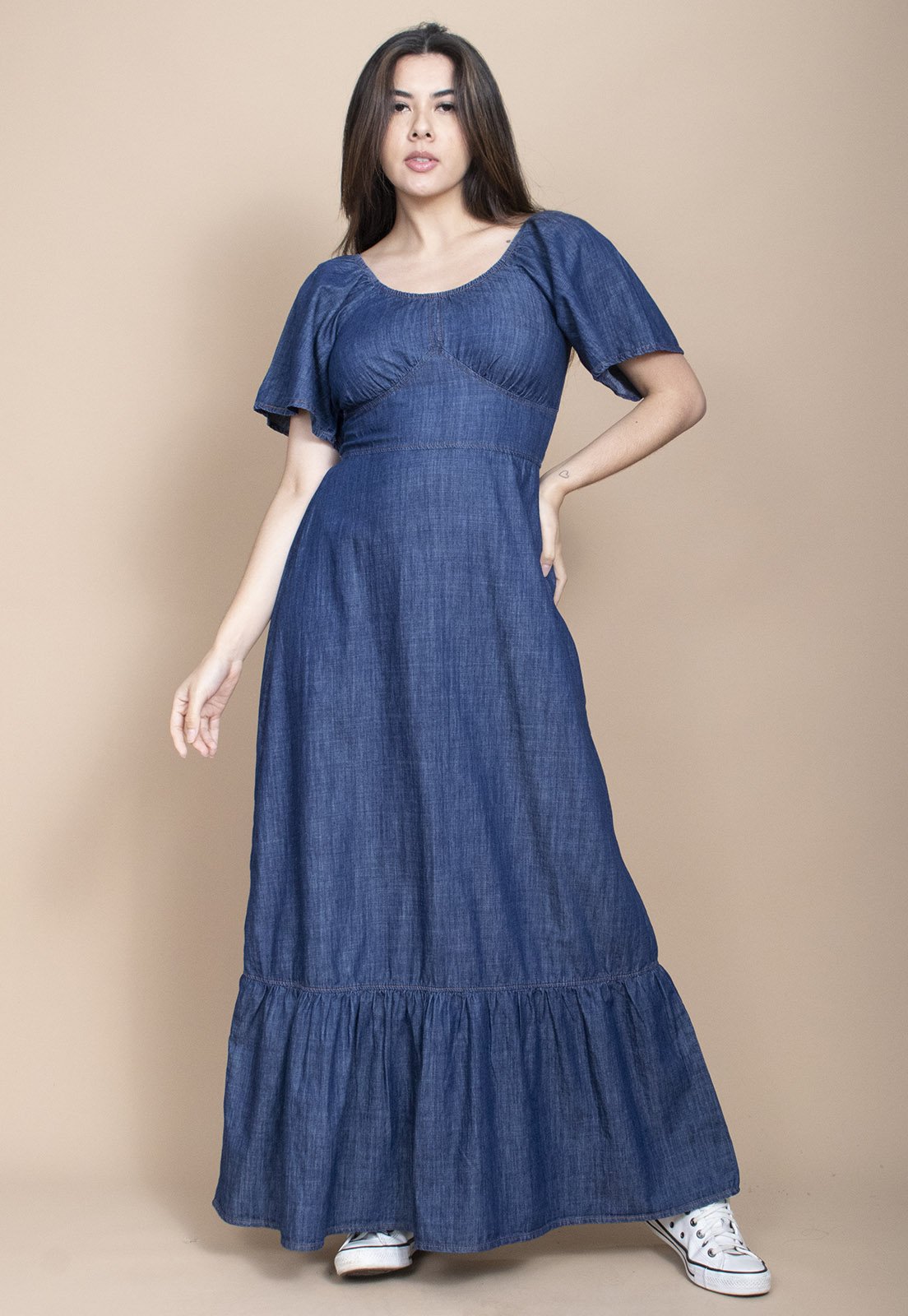 Vestido Cabanafree Jeans Longo com Manga Angel Azul