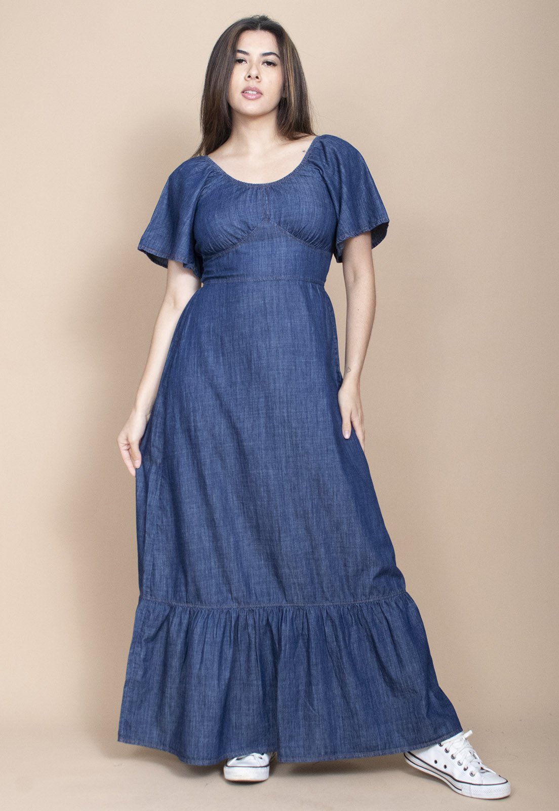 Vista 3 Vestido Cabanafree Jeans Longo com Manga Angel azul Cabanafree azul