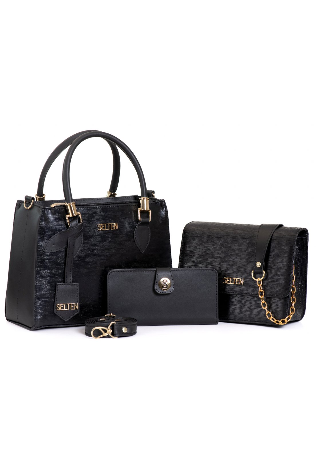 Kit Bolsa Feminina Média + Bolsa Transversal Alça De Corrente com Carteira Selten Preta