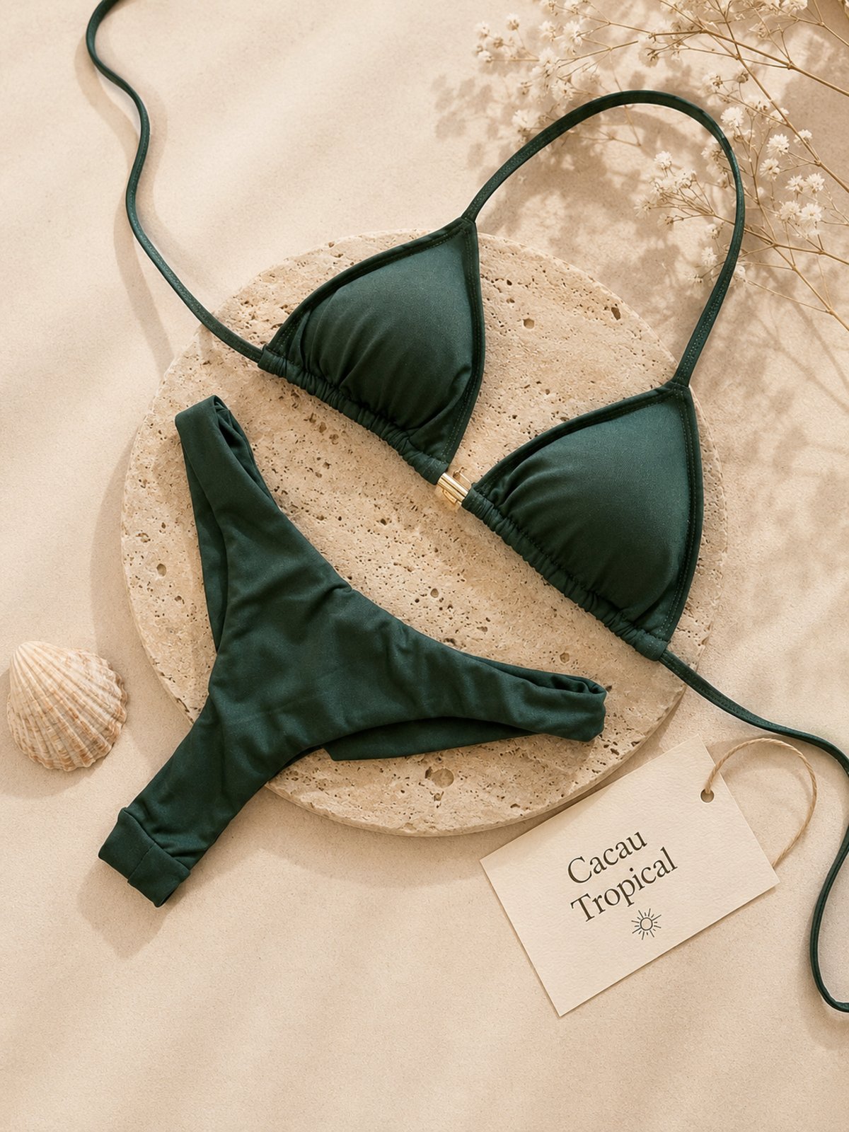 Biquíni Cortininha Feminino Premium Cacau Tropical com Calcinha Asa Delta Moda Praia Verão Verde Militar