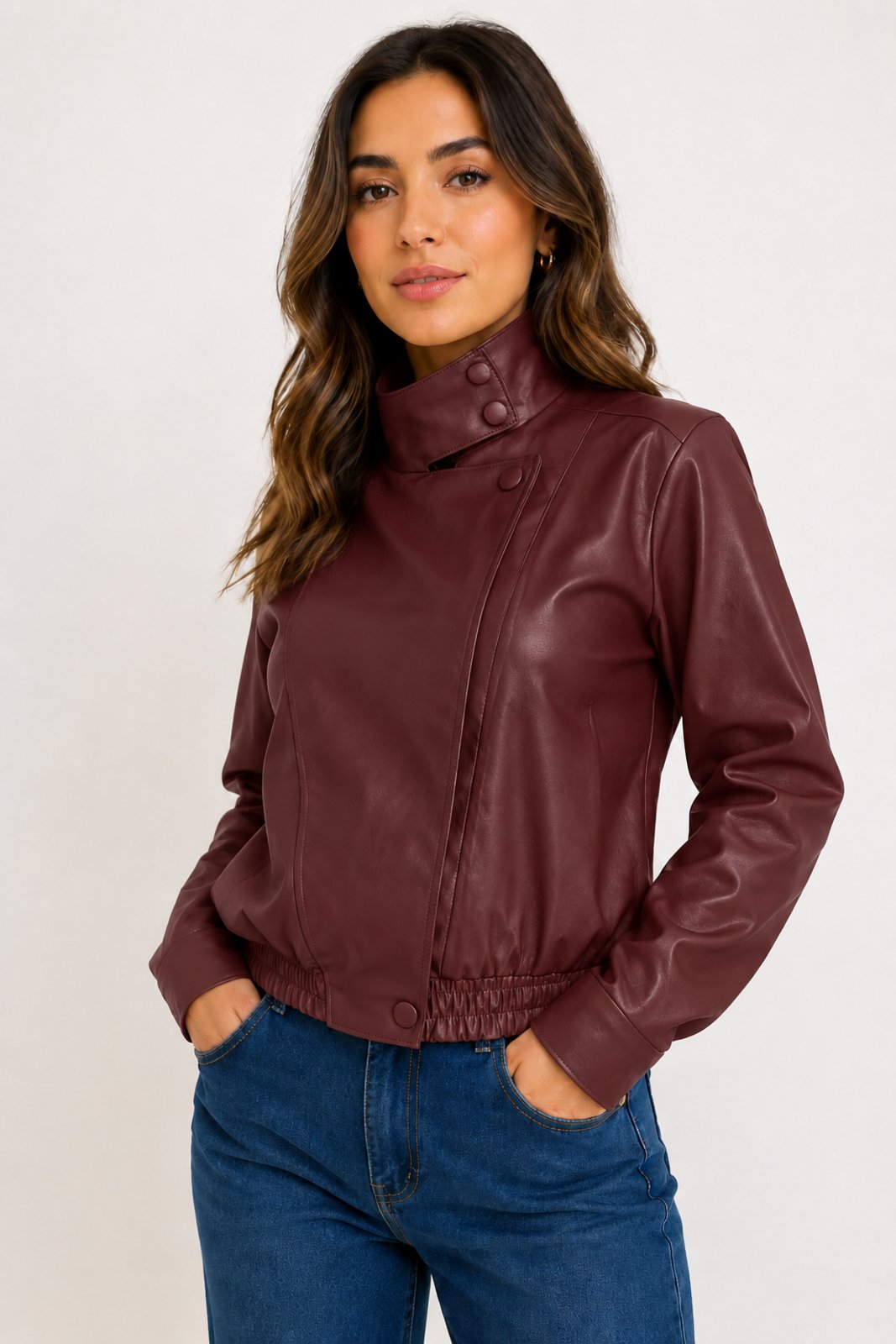 Jaqueta Feminina D Bell Outlet Fashion Bomber Couro Vinho