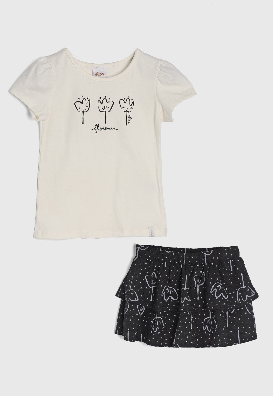 Vista 2 Infantil - Conjunto Elian Blusa Off-White Estampada e Saia Preta Floral off-white white Elian off-white white