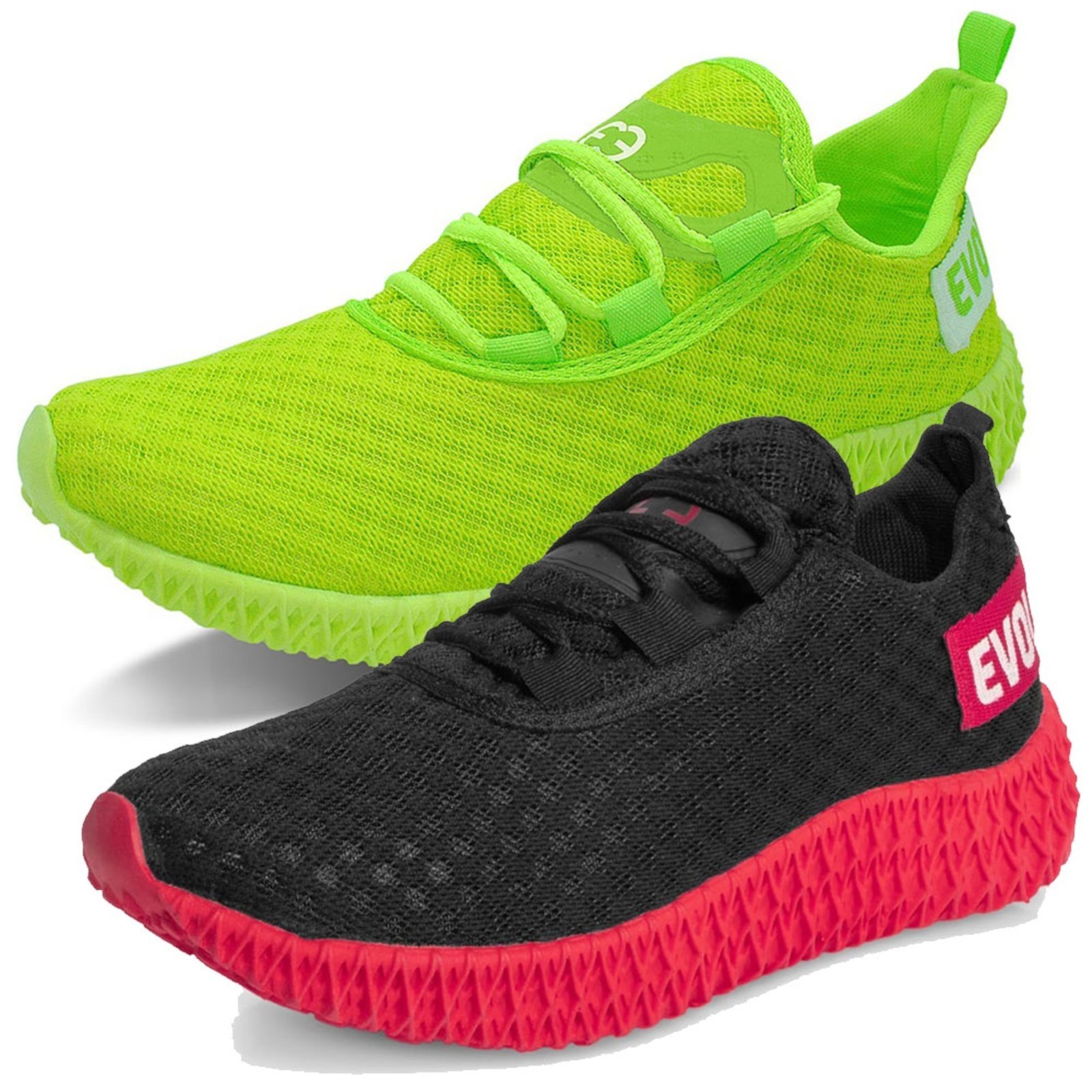 Kit 2 Tênis Boost Feminino Evoltenn Esportivo Colmeia Preto Vermelho e Verde