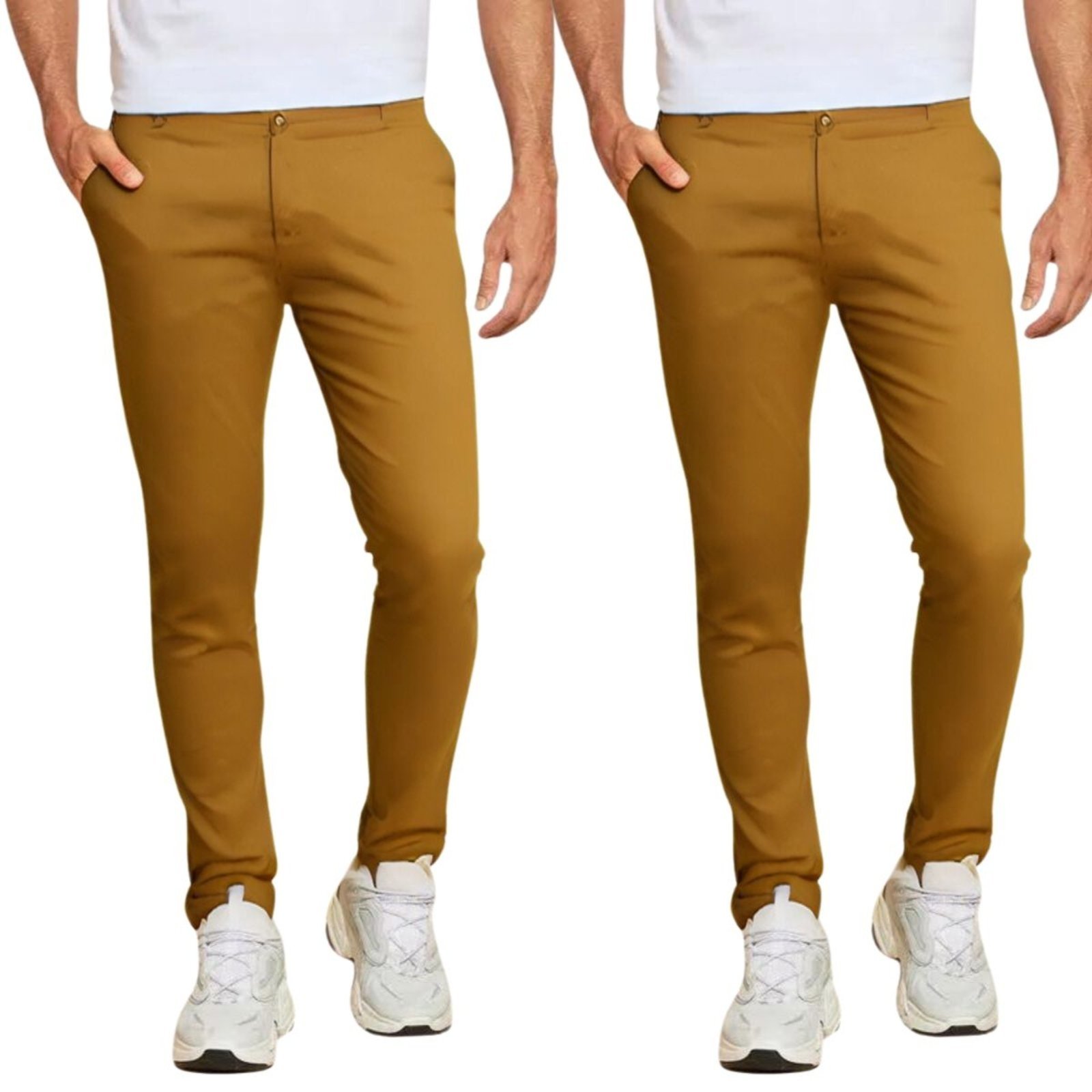 Kit 2 Calças FMF de Sarja Chino Com Bolso Traseiro Embutido Alfaiataria Skinny Caramelo