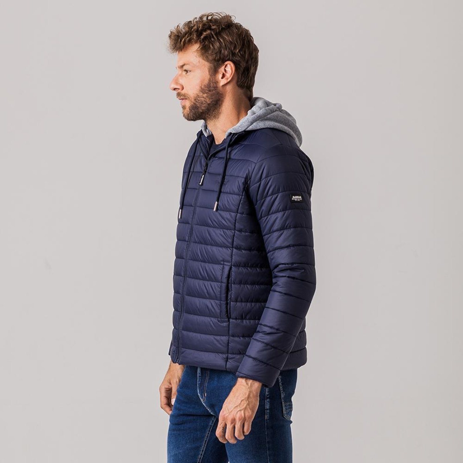 Jaqueta Puffer com capuz de moletom Masculina Rock e Soda Marinho