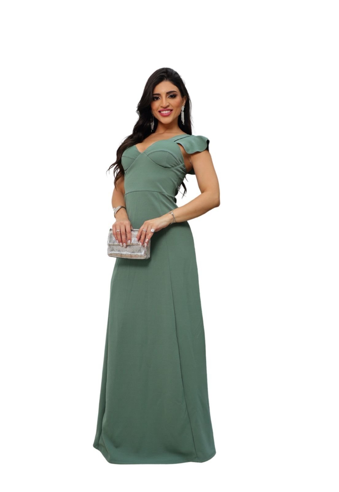 Vestido Longo Festa Meia taça Convidadas Casamento Tubinho Sereia com Manguinha Lauanely Verde Oliva