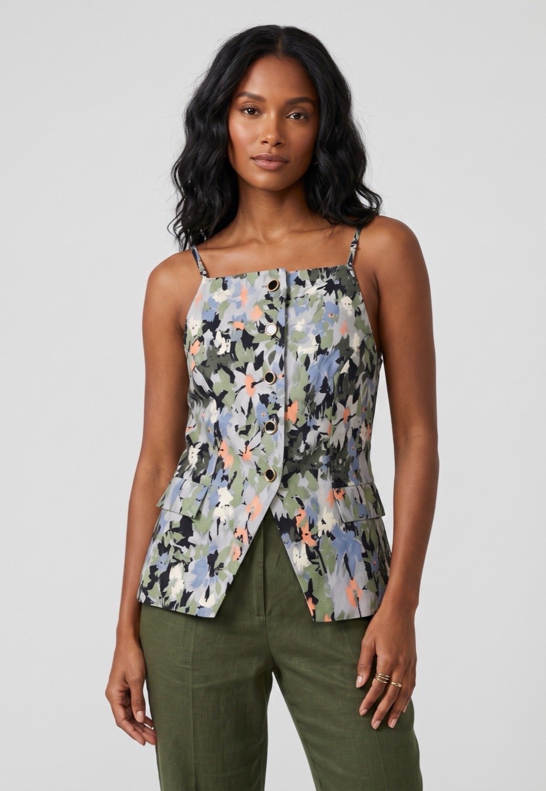 Blusa Feminina FARM Alças Finas Estampa Floral Verde