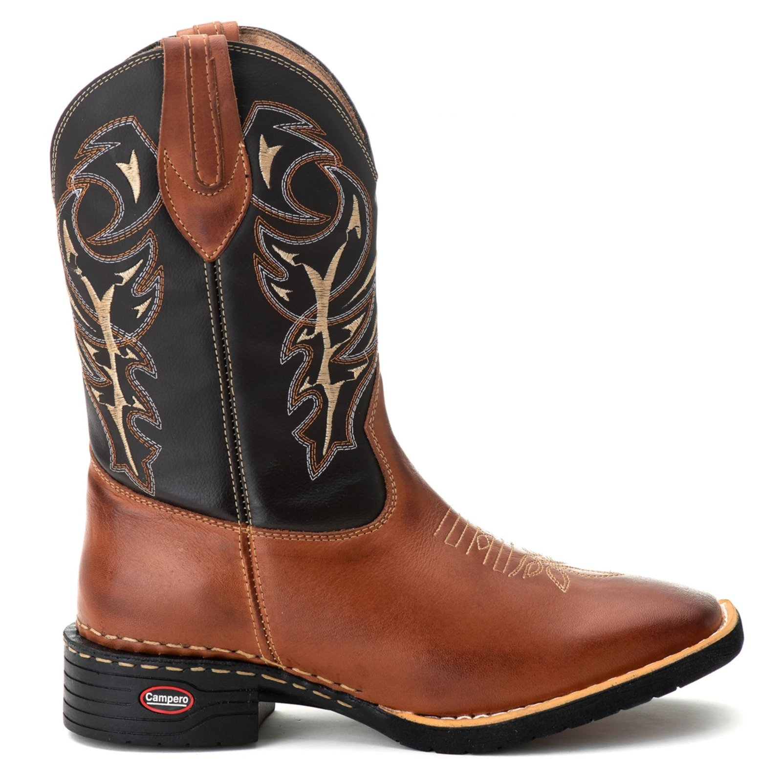 Vista 2 Bota Texana Couro Campero Bico Quadrado Bordada Pinhão castanho Campero castanho