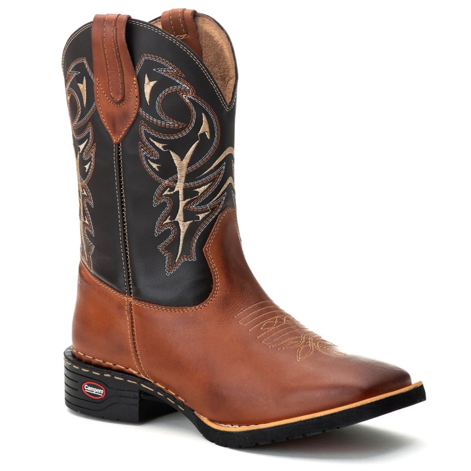 Vista 3 Bota Texana Couro Campero Bico Quadrado Bordada Pinhão castanho Campero castanho