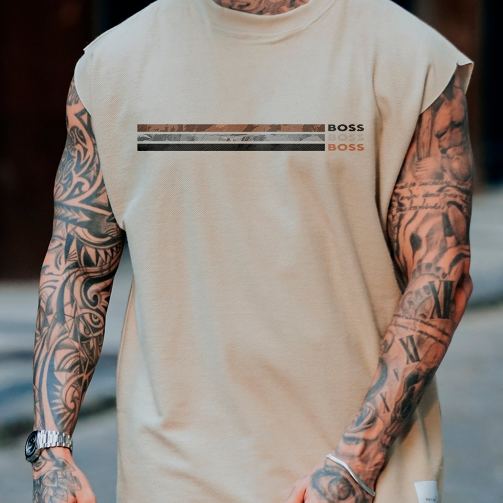 Camiseta Regata Machão Boss Urban Style Listrada Fashion Off White