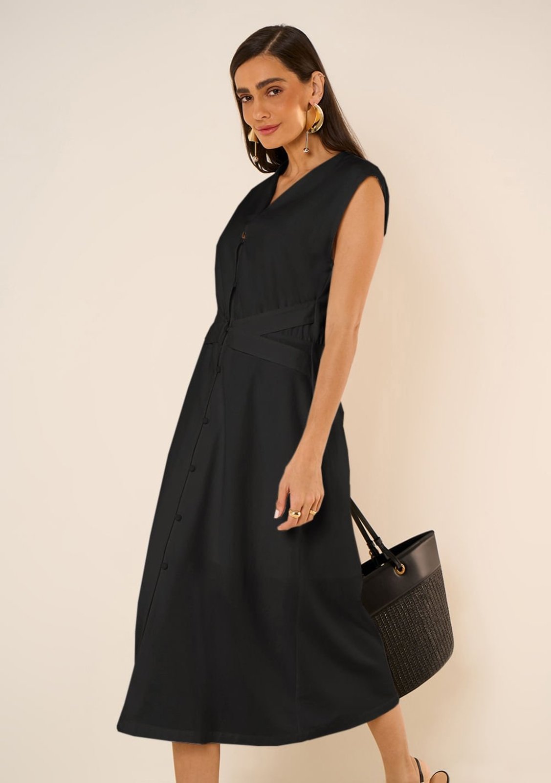 Vestido Maria Valentina Ajustado Decote V Sem Manga Midi Preto