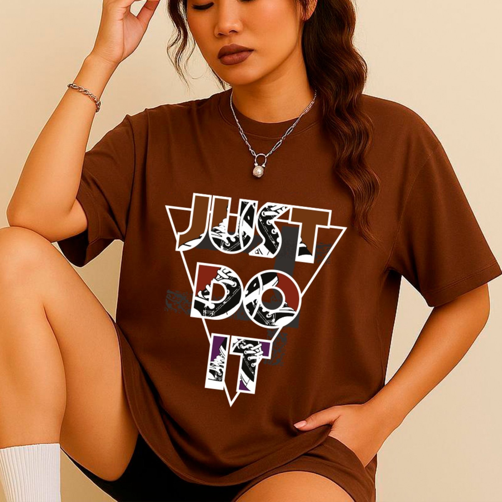 Camiseta OusyJust Do It Estilo Streetwear Oversized Unissex Marrom