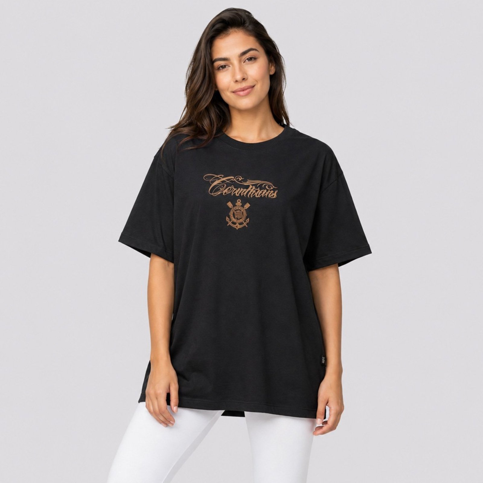 Camiseta Corinthians Fé, Paixão e Loucura Oversized Feminina Preta