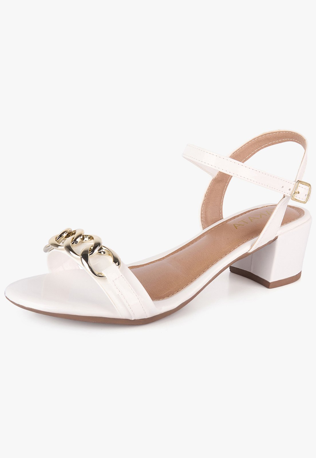 Sandália Salto Bloco Baixo Grosso Corrente Metal Takata Branco