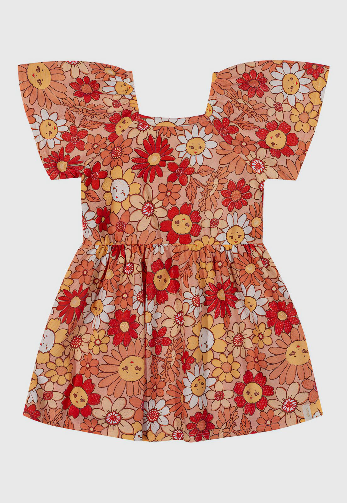 Infantil – Vestido Elian Floral Decote Quadrado Coral