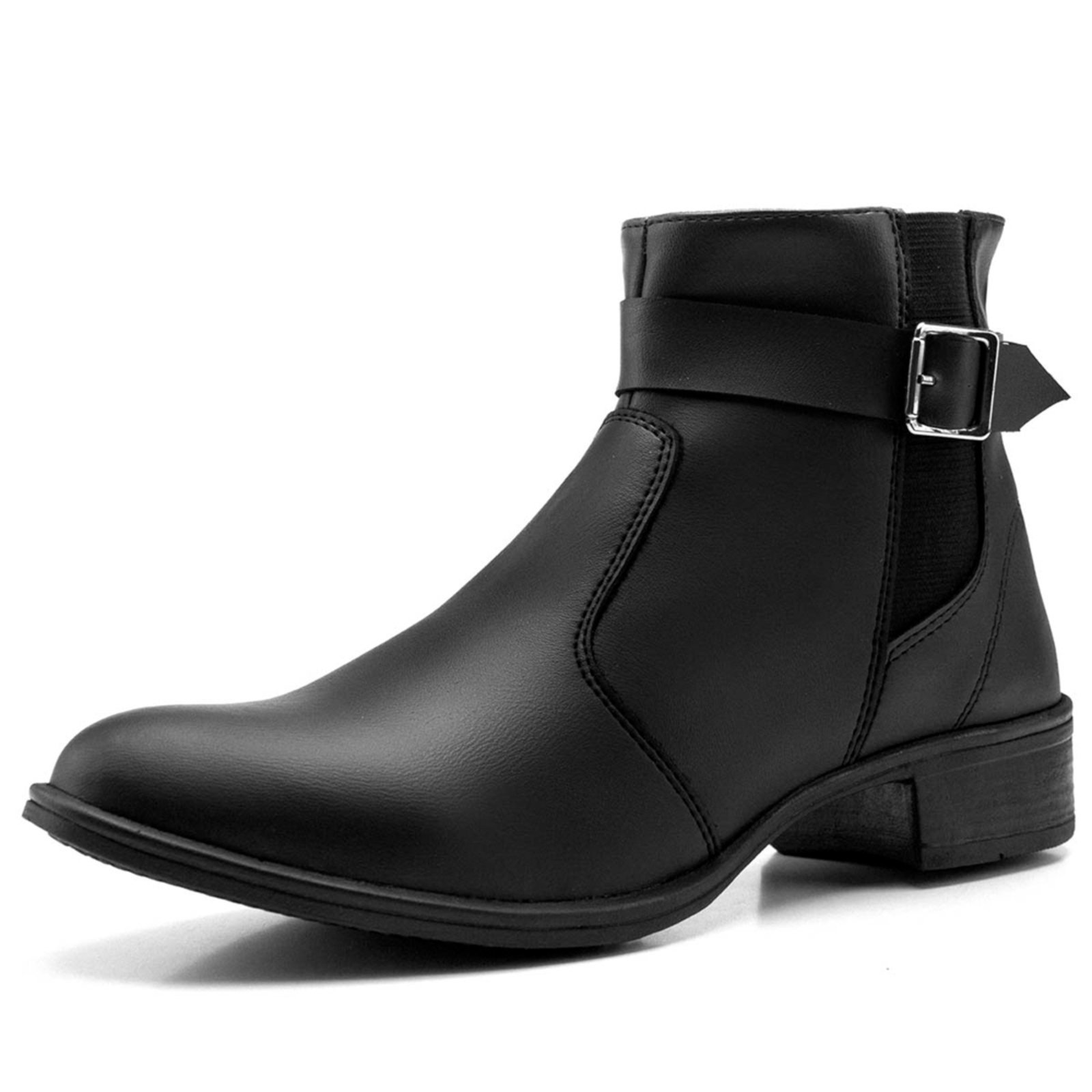 Bota Feminina Salto Baixo Bredeni Coturno Cano Curto Com Ziper Lateral Com Fivela Preto