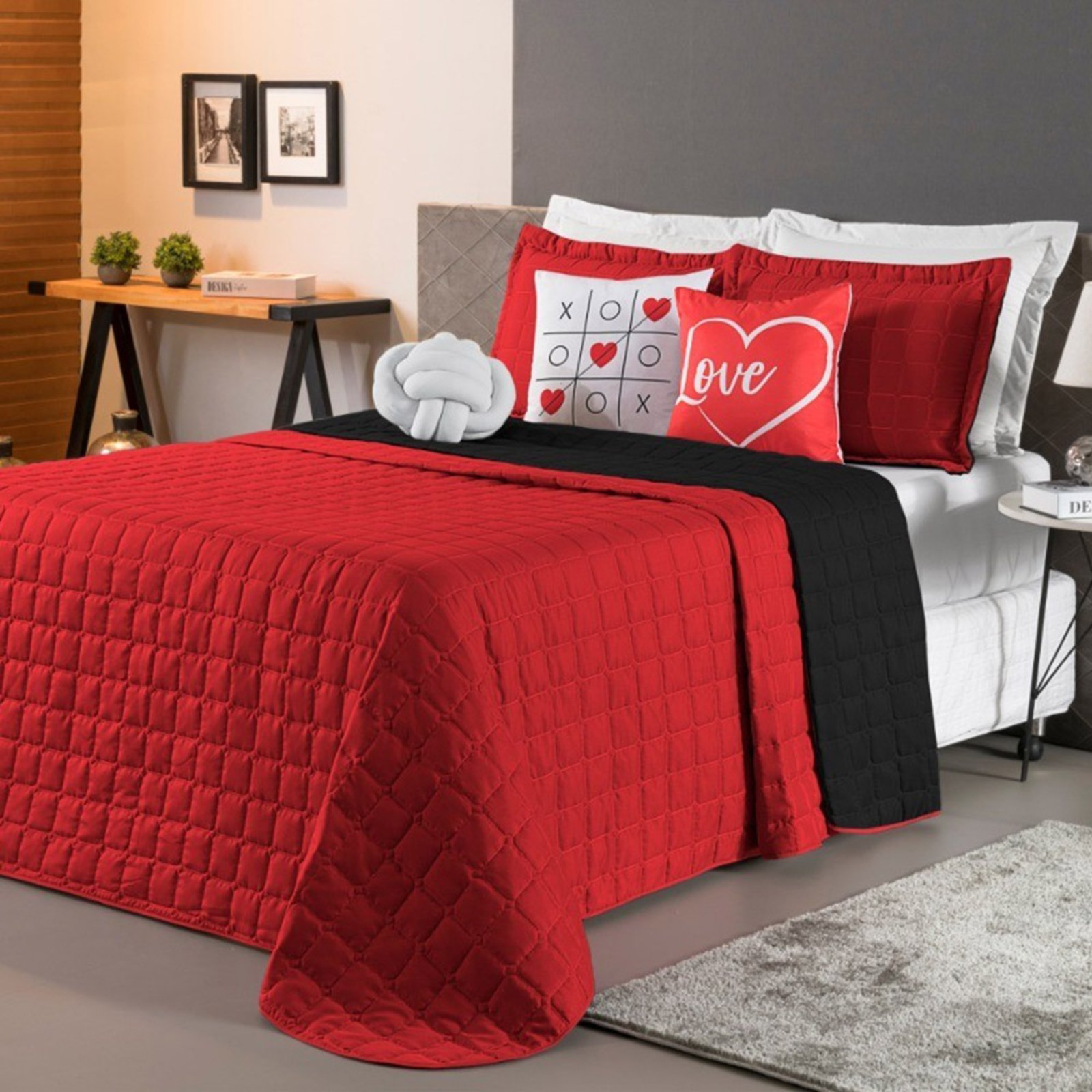 Kit Cobre Leito Sonho Queen 08 Peças Barato - Vermelho - Preto - 100% Poliéster