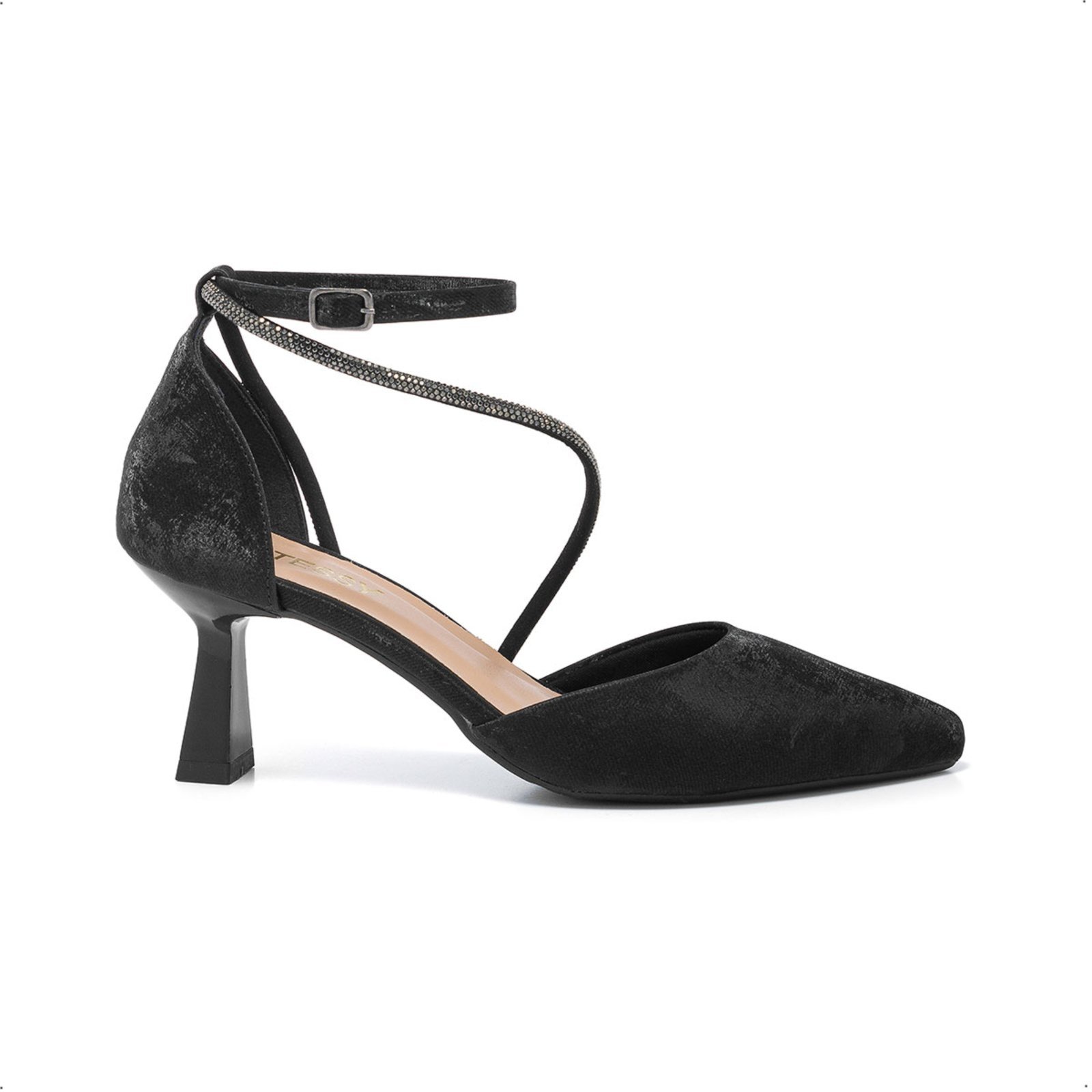 Scarpin Feminino Stessy Salto Taça Bico Fino Elegante Strass Luxo Velvet Preto
