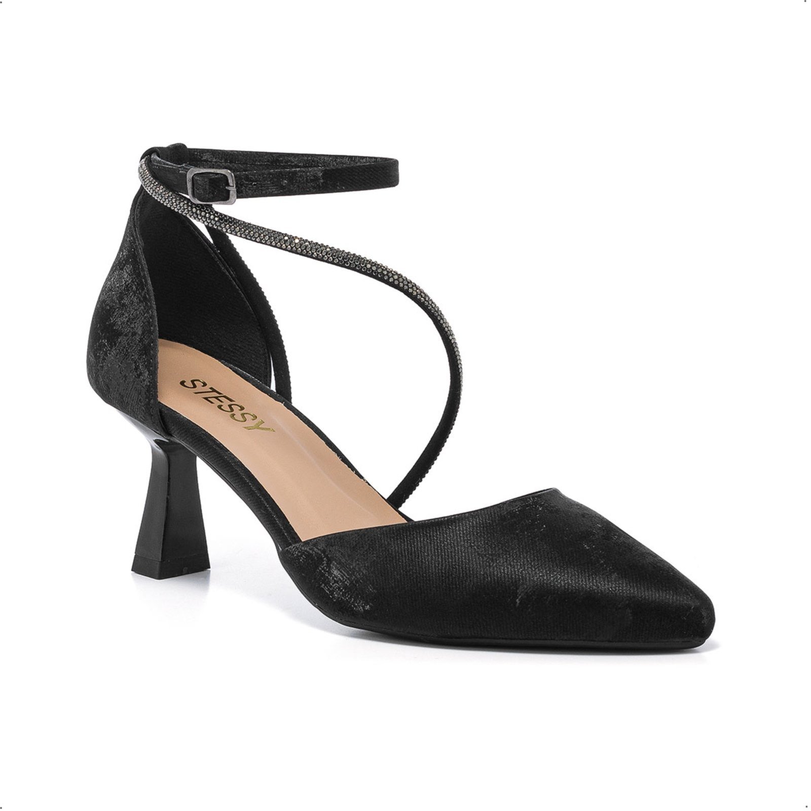 Vista 3 Scarpin Feminino Stessy Salto Taça Bico Fino Elegante Strass Luxo Velvet Stessy Shoes prata Stessy Shoes prata
