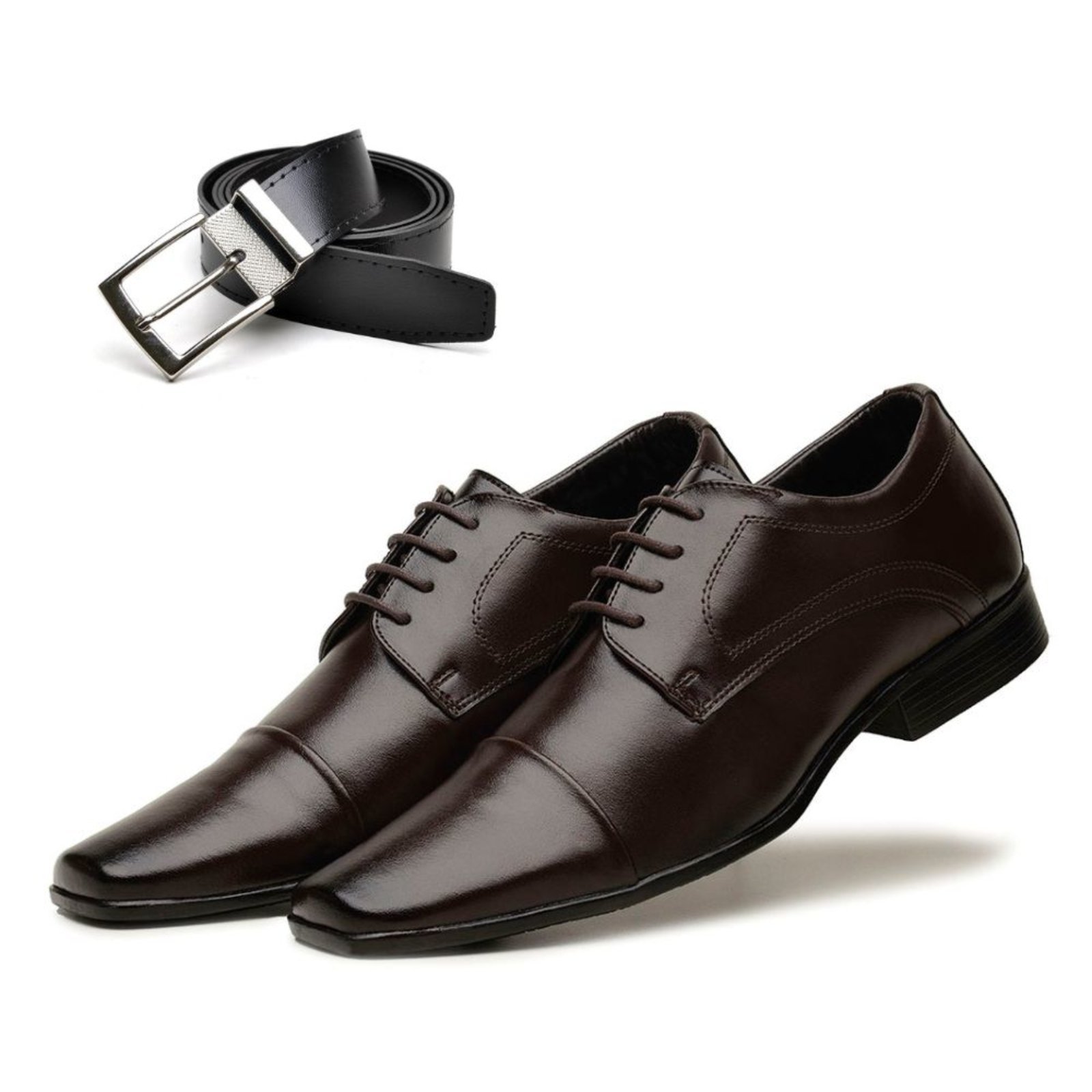 Kit Sapato Social Masculino Confort com Cadarço Macio Elegante Café + Cinto