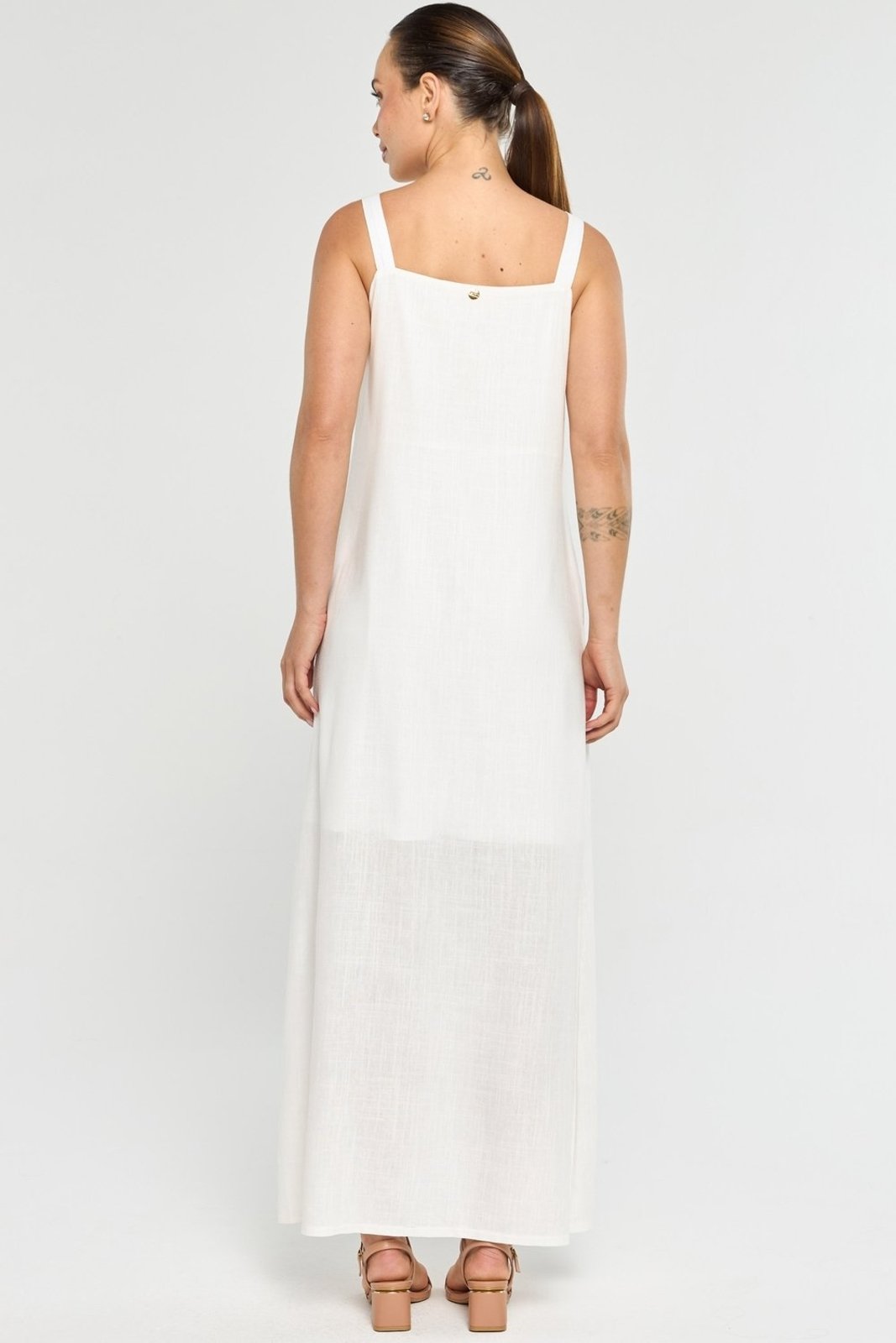 Vestido Longo PKS em Linho e Viscose Off White