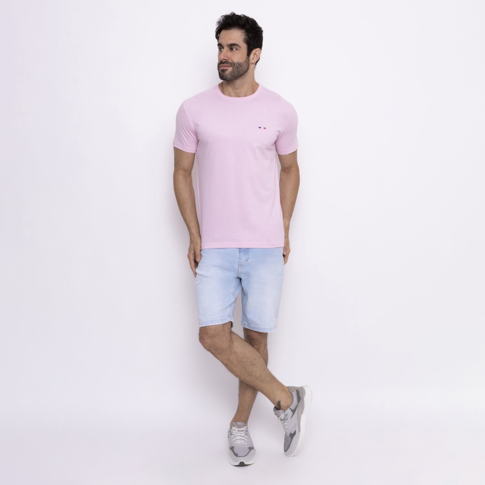 Vista 3 Kit 3 Peças Camisetas Básicas Masculina FMF Azul Rosa e Branco em Algodão Premium no Estilo Tommy Bordado França rosa azul FMF rosa azul