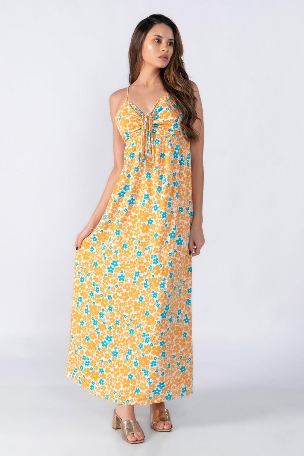 Vestido longo com busto franzido Laranja