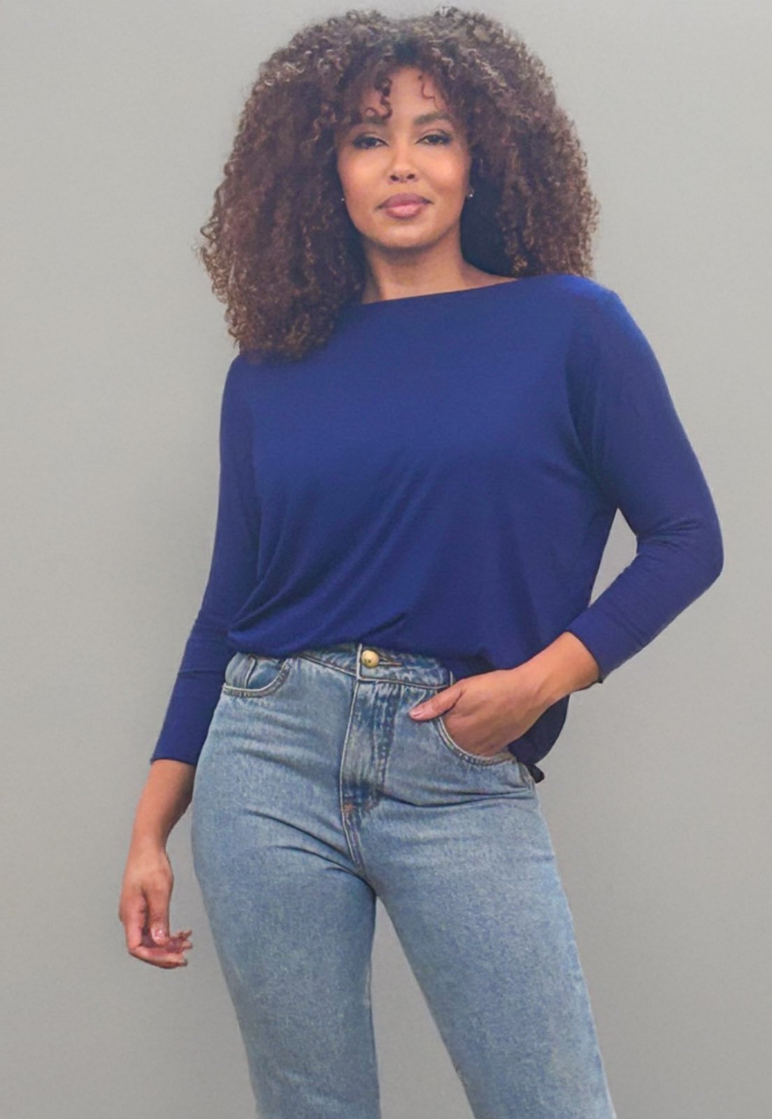 Blusa Canoa Cabanafree Malha Manga 3/4 Azul Bic
