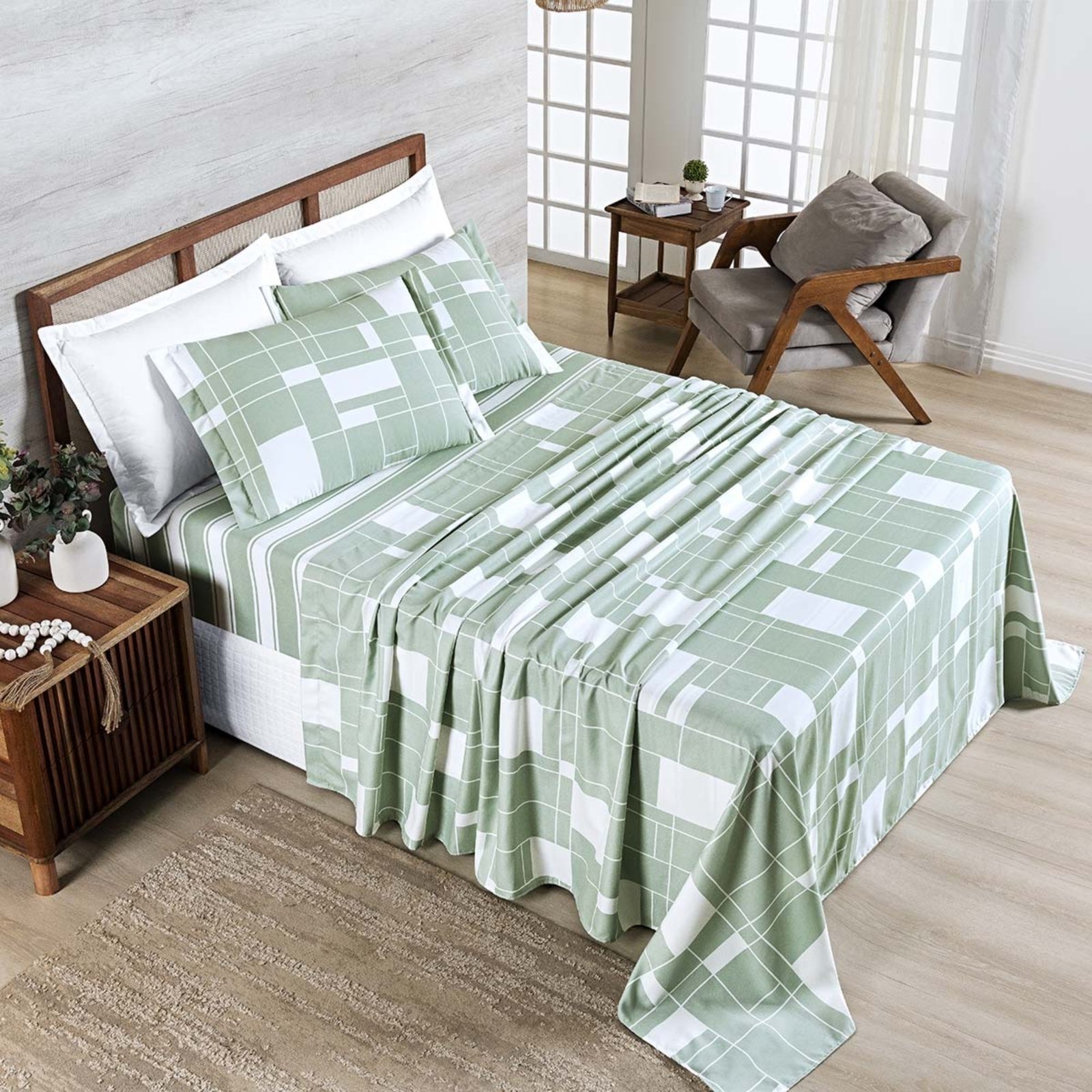 Jogo Cama Lençol Casa Scarpa Belle Casal Padrão 400 Fios Estampado 4 Peças Quadriculado Verde