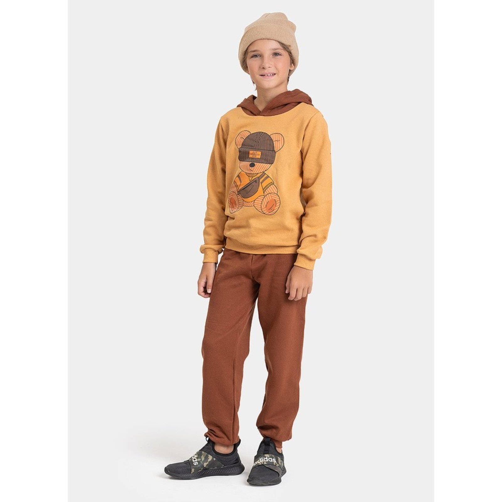 Infantil - Conjunto Inverno Menino Marrom Blusão com Capuz e Calça em Moletom Urso Street