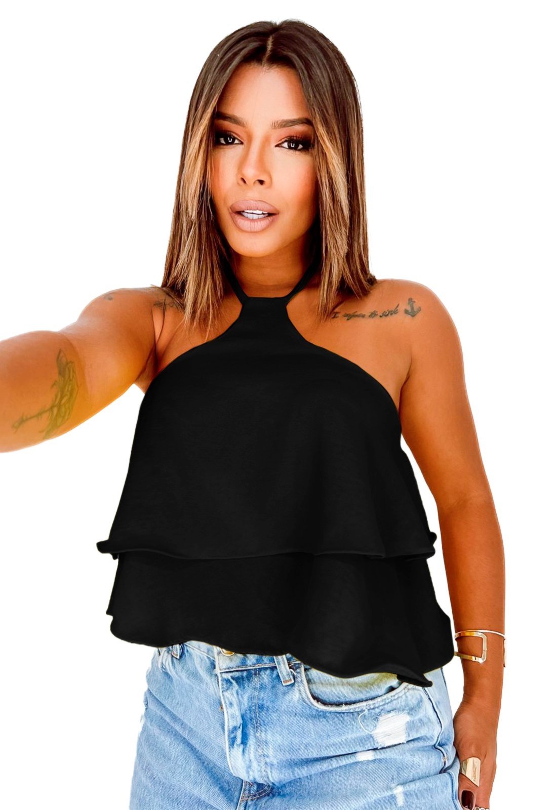 Vista 3 Top Alcinha YWC ind Crepe Duna Detalhe Babado Duplo Feminino Nadador preto YWC ind preto