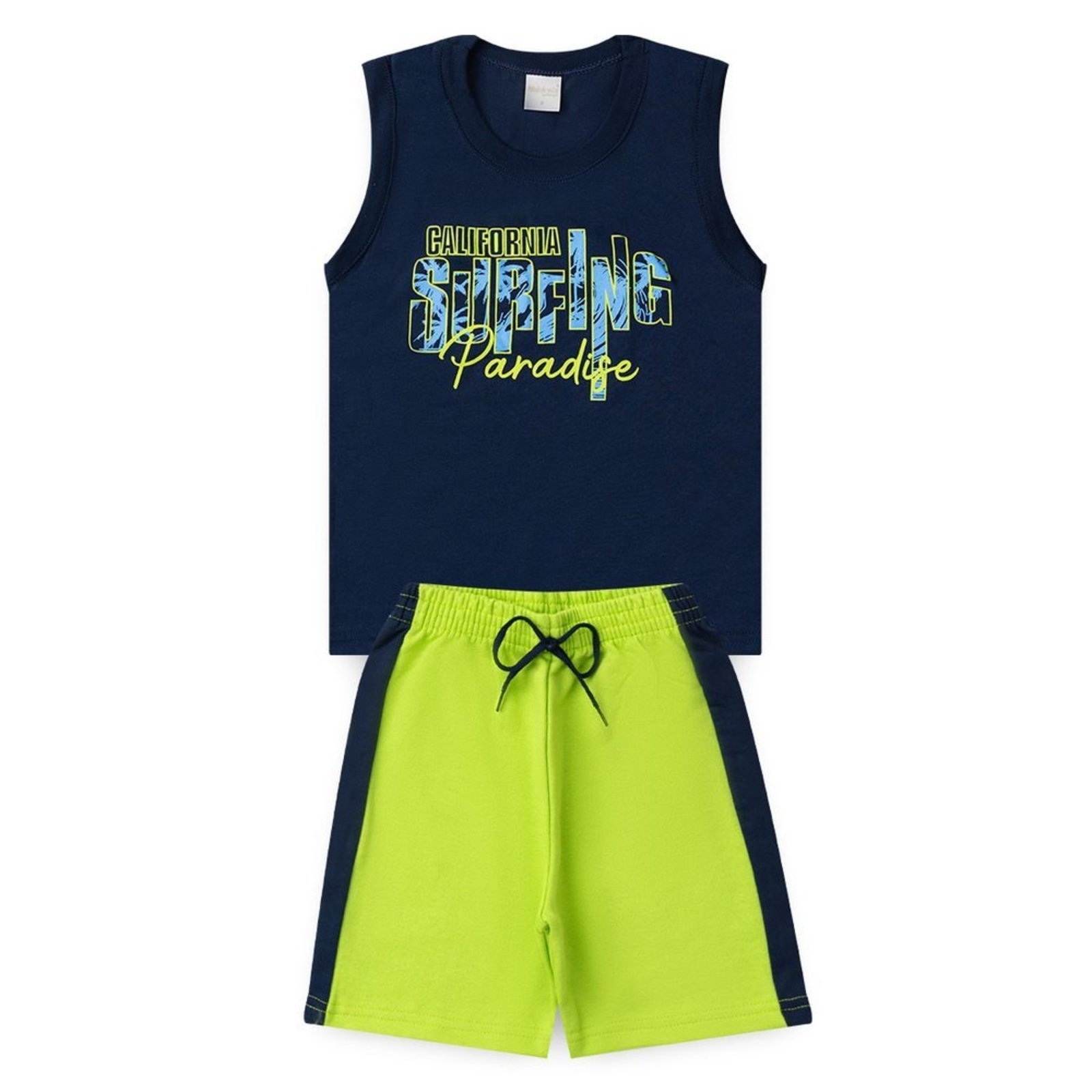 Infantil - Conjunto Verão Menino Marinho Regata e Bermuda com Cadarço Surfing