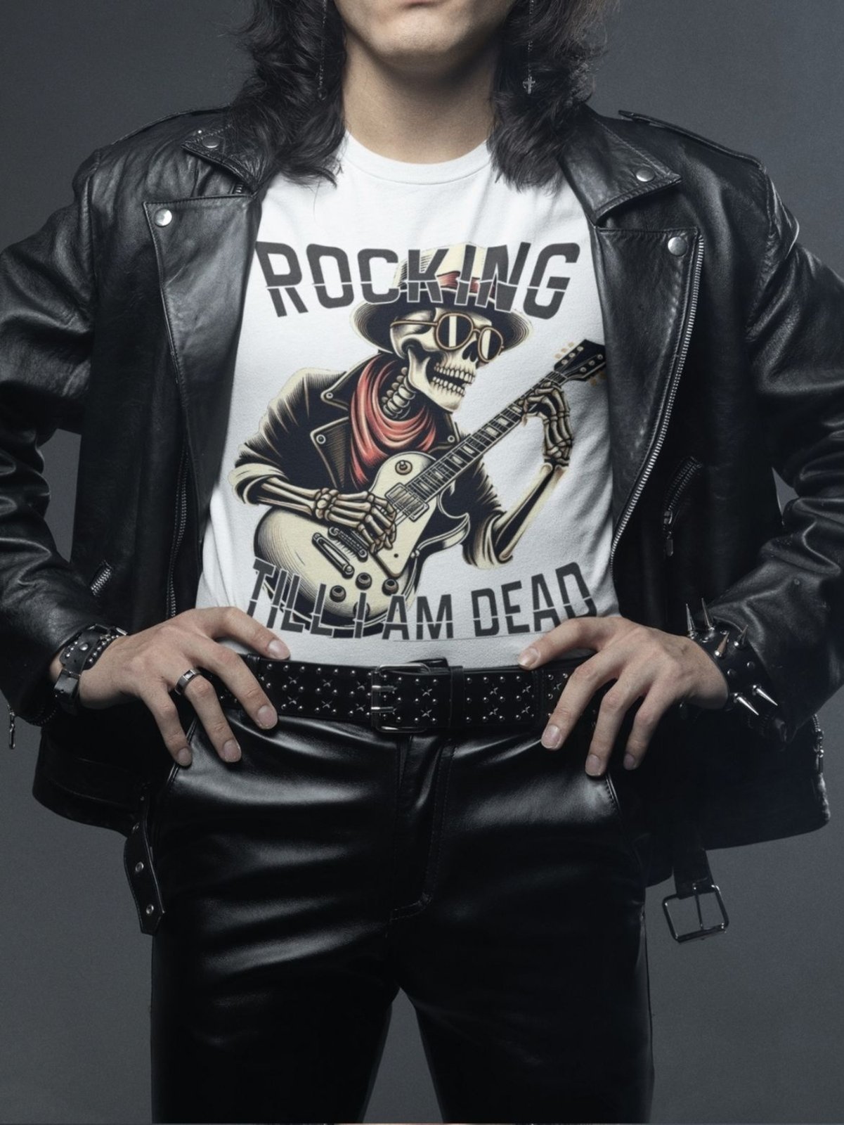 Camiseta Masculina GuGi Camisa De Rock Esqueleto Caveira Com Guitarra Branco