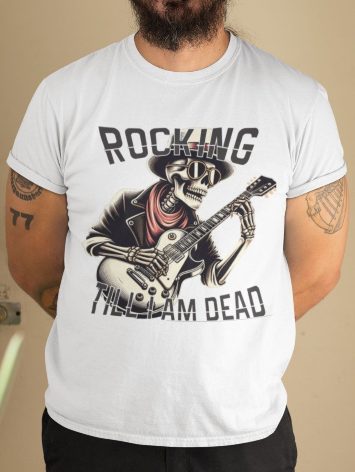 Vista 3 Camiseta Masculina GuGi Camisa De Rock Esqueleto Caveira Com Guitarra branco Gugi branco