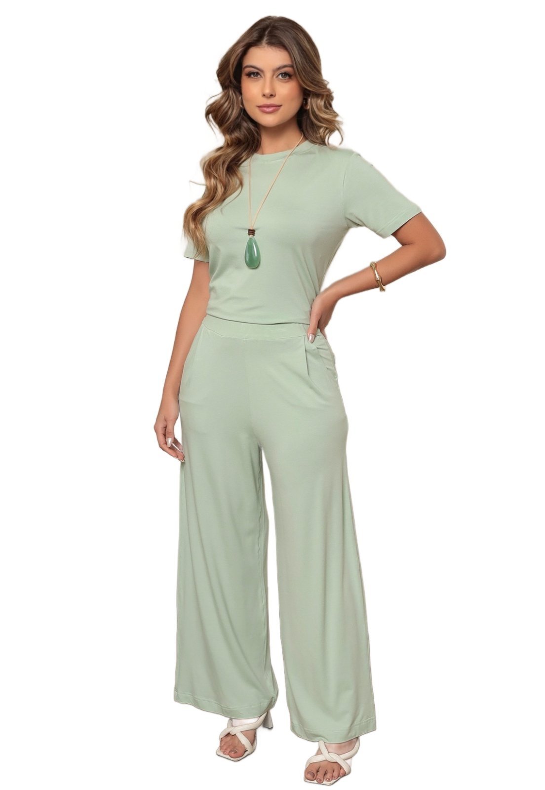 Vista 3 Conjunto Dellamarca Calça Pantalona e Blusa Manga Curta Prime Agua verde Dellamarca verde